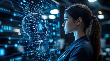 Poster - Woman analyzing privacy breaches with AI in a tech-focused business environment