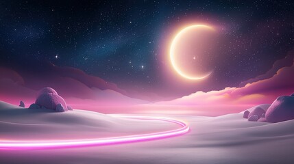 Poster - Whimsical  neon path glowing with playful light effects, leading into an enchanting horizon, on a pure white background.