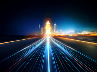 Aufkleber - glowing arrows ascend a light trail highway into a vibrant sunset, symbolizing progress and upward m