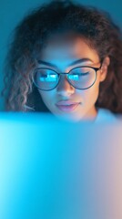 Aufkleber - Focused Tech Professional Young Latina Woman Typing in Ambient Blue Light