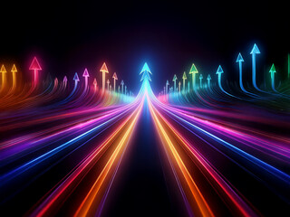 Aufkleber - A vibrant, glowing road of colorful light streaks converges into a bright central arrow, symbolizing growth and progress.  The dynamic perspective suggests rapid advancement and positive trajectory.