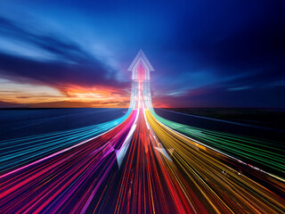 Aufkleber - a vibrant, multicolored arrow ascends from a horizon, representing growth and progress on a dynamic 