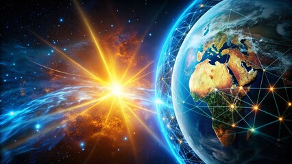 Poster - Global Cyber Security: Digital Shield Protecting Earth from Space - Stock Photo