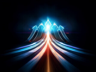 Aufkleber - Glowing arrows converge on a bright light at the end of a dynamic, speeding road.  This symbolizes progress, success, and reaching a goal.