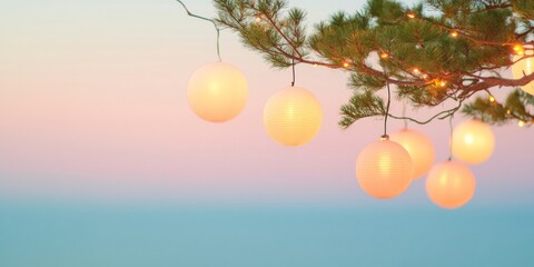 Poster - Pastel Evening Lanterns and Pine in Serene Outdoor Ambiance