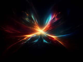 Poster - Intense, vibrant light streams converge at the center, resembling a luminous butterfly against a dark void.  The colors are fiery and ethereal.