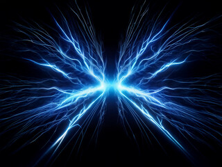 Aufkleber - A mesmerizing image depicting a butterfly-shaped formation of vibrant blue electric energy against a stark black background.  The energy flows outward, creating a sense of motion and power.