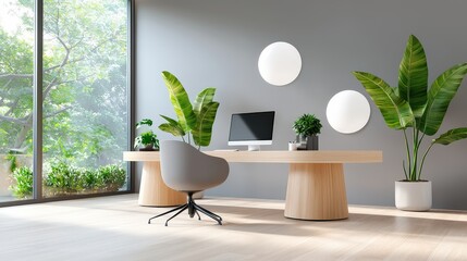 Poster - A contemporary office environment showcasing remote workers collaborating via video conference, with stylish furniture and greenery accents