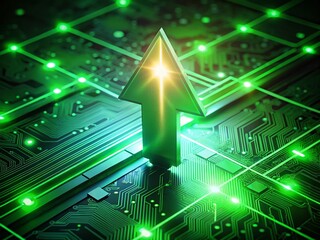 Poster - Glowing Green Up Arrow on Circuit Board - Growth, Progress, Success Stock Photo
