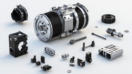 Poster - A detailed assembly of a mechanical component with various parts and tools laid out.