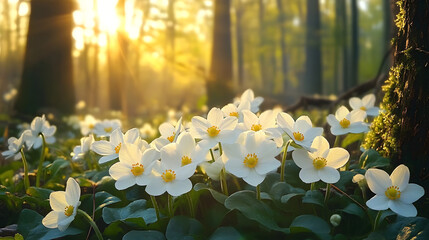 Wall Mural - beautiful white primroses in spring in the forest close-up in sunlight in nature. spring forest land