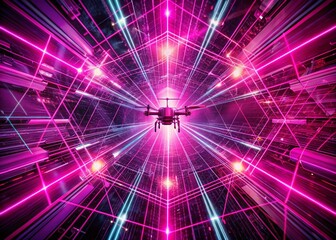 Poster - Glowing Pink Abstract Grid: Digital Technology Background - Drone View