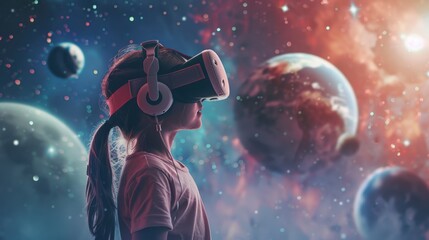 Poster - Child girl wearing virtual reality headset and looking at digital space system with planets or Universes. Space exploration with augmented reality glasses.