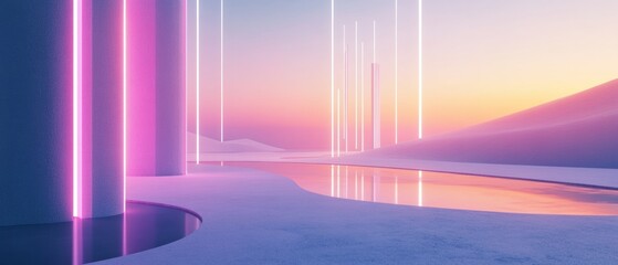 Poster - Futuristic Pastel Landscape with Neon Columns and Reflective Serenity at Dusk