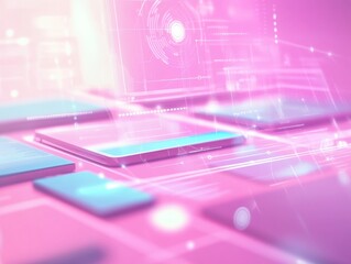 Leinwandbilder - Pastel Digital Interface with Abstract Geometric Shapes and Light Streams