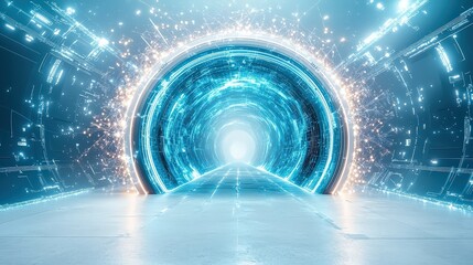 Poster - A sci-fi style glowing pathway illuminated with futuristic lights, leading through a high-tech environment, surrounded by white space for contrast.