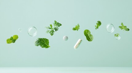 Poster - Pastel-Toned Wellness Floating Herbs and Remedies in Surreal Minimalist Style