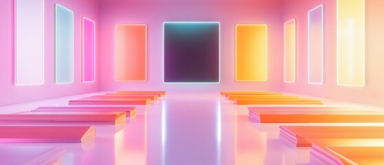 Aufkleber - Minimalist Pastel Digital Boardroom with Floating Abstract Chalkboards and Soft Illumination