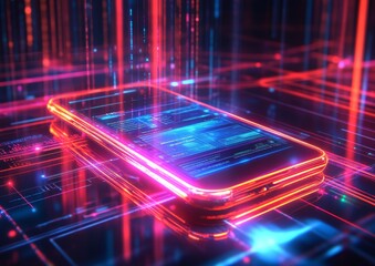 Fototapete - Neon Digital Interface of Indian E-Governance Portal on Smartphone Screen
