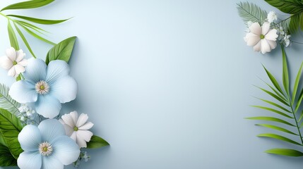 Poster - A stylish banner design with vivid blue flowers and minimalist typography, surrounded by soft green leaves, ideal for seasonal or floral-themed promotions.