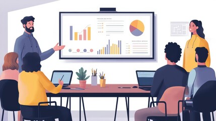 Poster - A team leader presenting a quarterly report to colleagues seated around a modern conference table, with charts on a projector screen