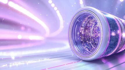 Poster - A vibrant space-inspired tunnel design with glowing lights and futuristic details, set against a bright white background.