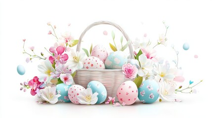 Wall Mural - An elegant Easter basket background with light pastel shades, decorated eggs, and fresh spring blooms scattered around.