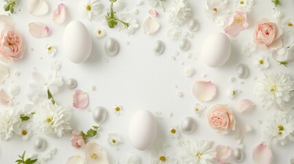 Poster - Elegant Easter Eggs and Flowers in Minimalist Spring Arrangement on White Background