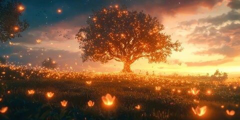 Poster - Tree with glowing leaves is in a field of flowers