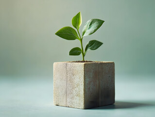 Wall Mural - plant growing in a cubic block arrangement symbolizing new growth and sustainability.