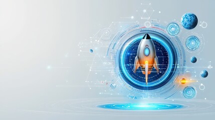 Poster - Digital space-inspired travel with glowing paths, distant celestial bodies, and futuristic spacecrafts, on a bright white background for a modern, high-tech feel.