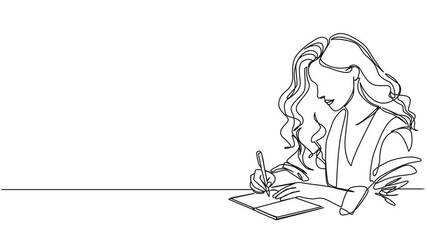 Wall Mural - animated continuous line drawing of woman writing in journal or diary, line art animation