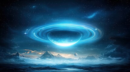 Poster - Neon lights illuminating a galaxy of stars, nebulae, and digital elements, creating a bright, space-inspired scene on a white background.