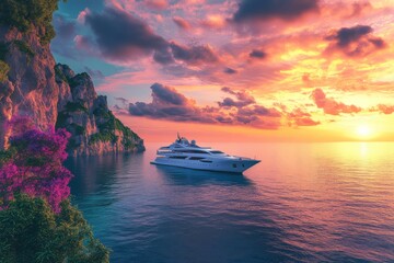 Wall Mural - A luxurious yacht floating gracefully on the calm waters of an exotic island at sunset