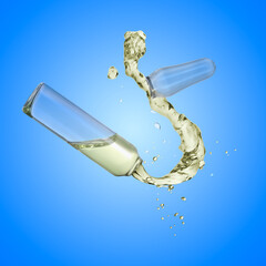 Wall Mural - Open ampoule with splashing liquid in air on blue background