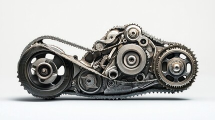 Poster - A detailed view of a mechanical engine component with belts and gears.