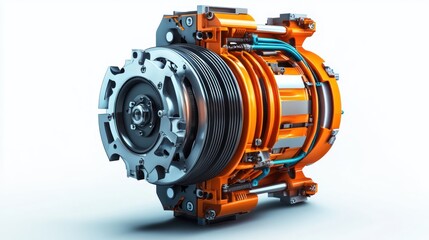 Poster - A detailed view of an orange and silver mechanical component, likely for automotive use.