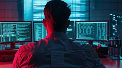 Fototapete - In a low-lit environment, a dedicated programmer is focused on coding, seated before three illuminated computer monitors displaying complex data. A creative atmosphere enhances productivity.