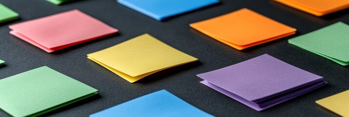 Poster - Colorful Paper Notes Arranged Randomly on Black Background Abstract Business Concept,