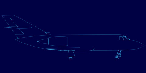 Poster - Blue airplane is shown in a blue background. The airplane is a jet and is shown in a very stylized way