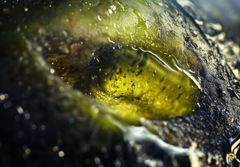 Poster - Close-up View of a Water Droplet on Green Surface with Bubbles and Texture, Capturing Nature's Beauty in a Macro Photography Setting