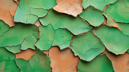 Grungy abstract background idea. Close-up of vibrant green and brown cracked paint on a weathered surface.