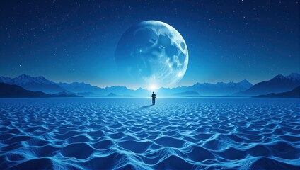 Businessman walking on surreal alien planet with enormous moon and mountains