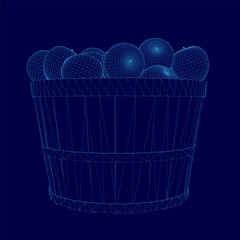 Poster - Blue basket filled with apples. The apples are all different sizes and colors. The basket is made of wood and has a rustic feel to it
