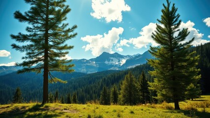 Serene mountain vista with two tall evergreen trees standing proudly in a sunlit meadow