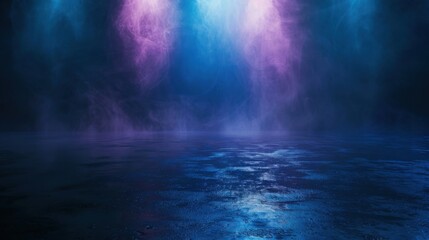 Poster - dark street, wet asphalt, reflections of rays in the water. abstract dark blue background, smoke, sm