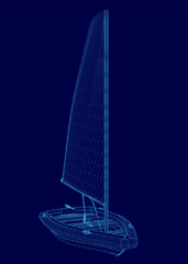 Poster - Blue sailboat is shown in a blue background. The sail is long and narrow, and the boat is positioned in the middle of the image