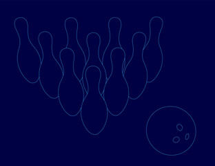 Poster - Blue background with a bowling ball and a row of bowling pins. The bowling pins are drawn in a stylized way, and the bowling ball is placed in the middle of the row