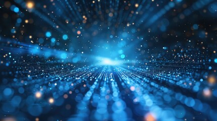 Poster - Deep blue cyber space with dynamic digital lines and dots, depicting high speed data transfer and network technology. 3d rendering