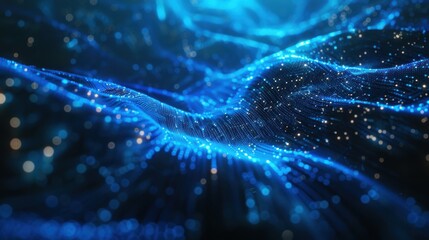 Poster - Deep blue cyber space with dynamic digital lines and dots, depicting high speed data transfer and network technology. 3d rendering